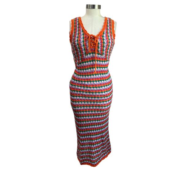4SI3NNA Crochet Knit Bodycon Midi Dress Multicolor Boho Large - Picture 3 of 11